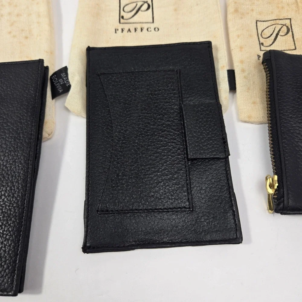 Pfaffco Black Pebbled Leather Wallet Card Holder Coin Pouch Set 3pc Handcrafted